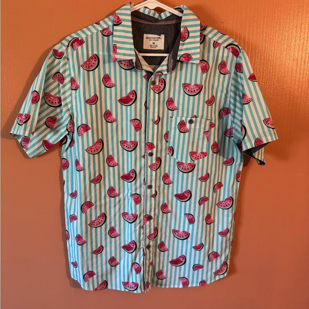 Distortion Men’s Button Down Shirt Medium – Watermelon Print Short Sleeve